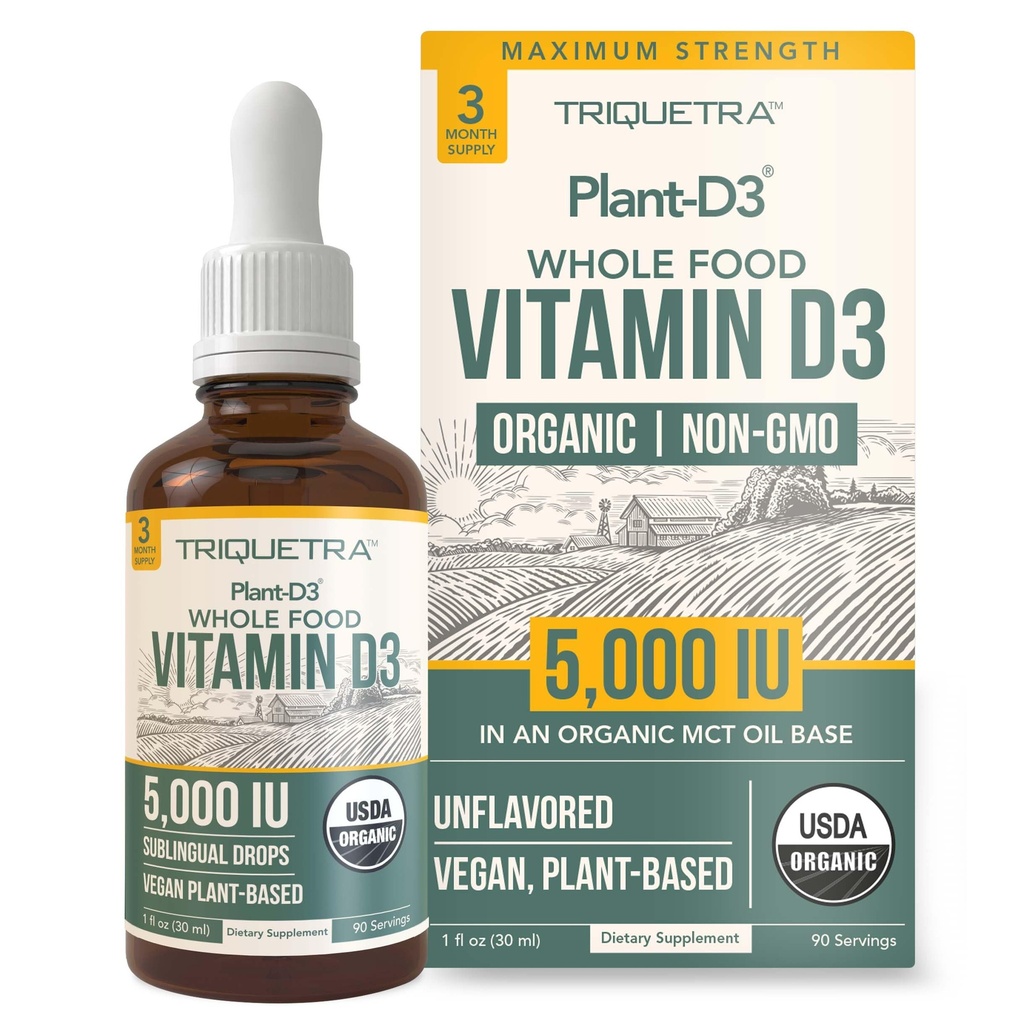 Rastlina-D3 Organski vitamin D3 5000 i.e. - Vegan, Max Jakost Podjezične tekočine D3 Kapljice - 200% večja absorpcija - 100% rastlinsko osnovana oblika holekalciferola - Nastavljivo odmerjanje za vse dobe (1oz tekoča)