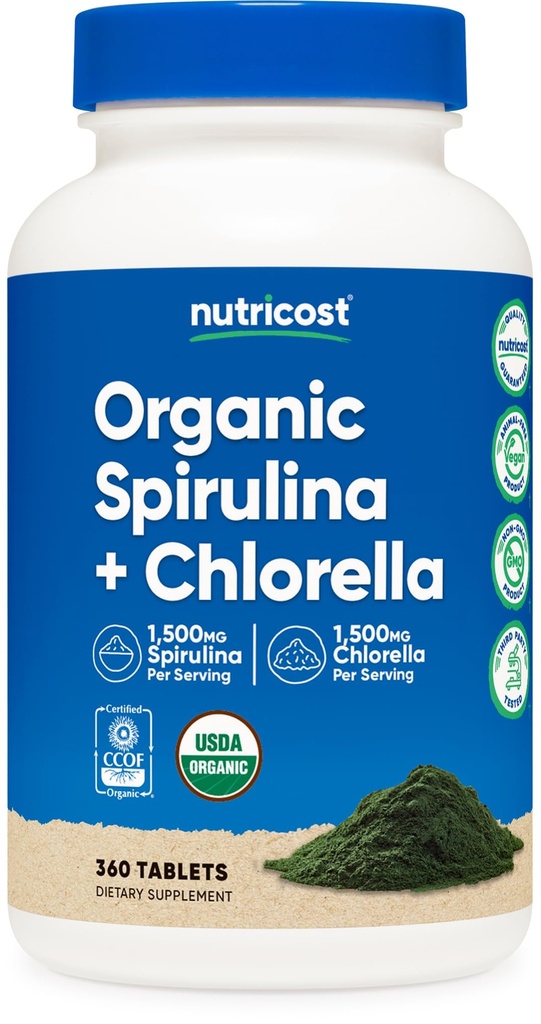 Nutricost Organic Spirulina + Klorella (3.000mg) 360 tablet - USDA Organic, 1.500mg Spirulina, 1.500mg Klorella, Vegan, brez GSO, Gluten-free, 60 postrežbe