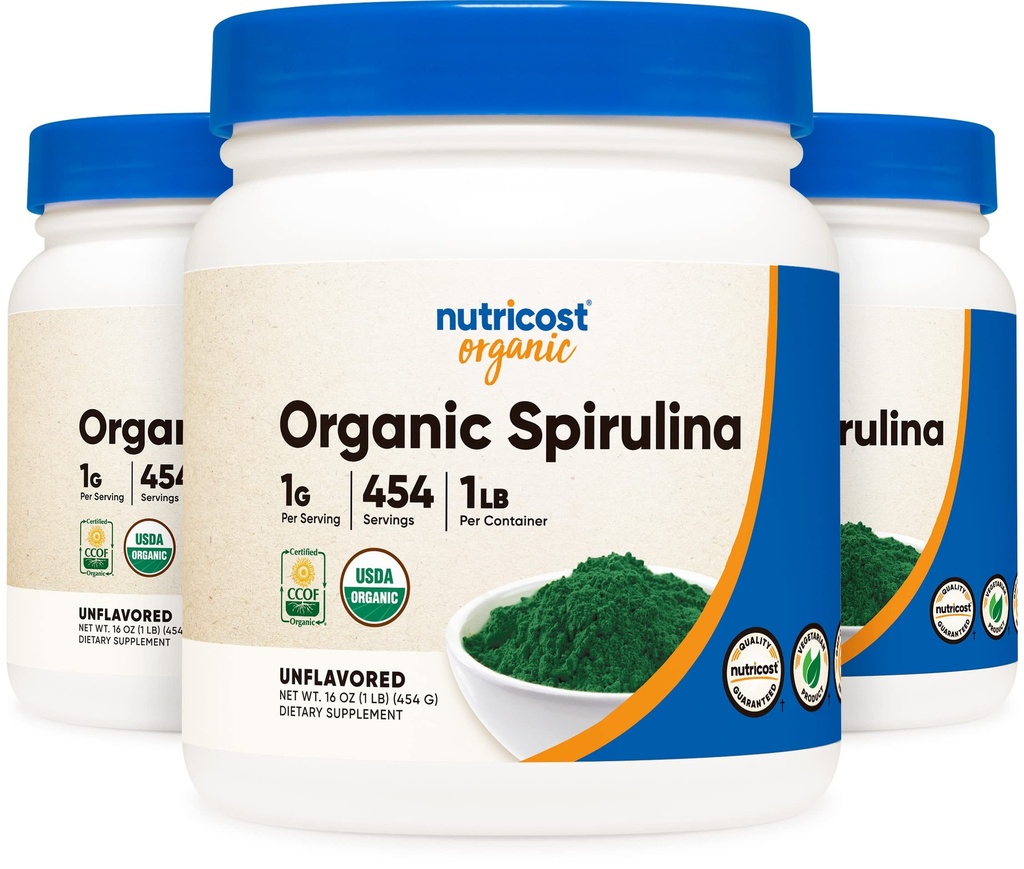 Nutricost Organic Spirulina Powder Unflavored, 1LB Container za 454 Serving (3 steklenice) - Vegan, brez GSO in gluten