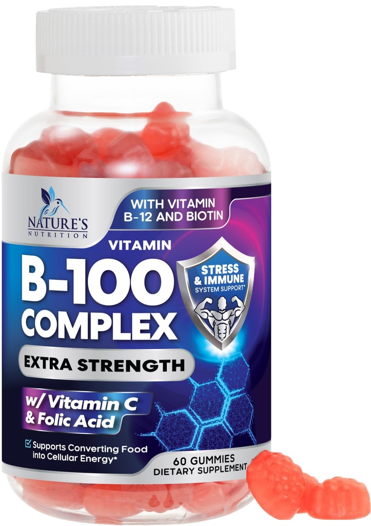 B Complex Supplement Gumies z vitaminom C in folno kislino, Extra Strength Super Vitamin B Gummy z niacinom, B6, Folna kislina, B12, Biotin, Energy Imune Supplements - 60 Gumies