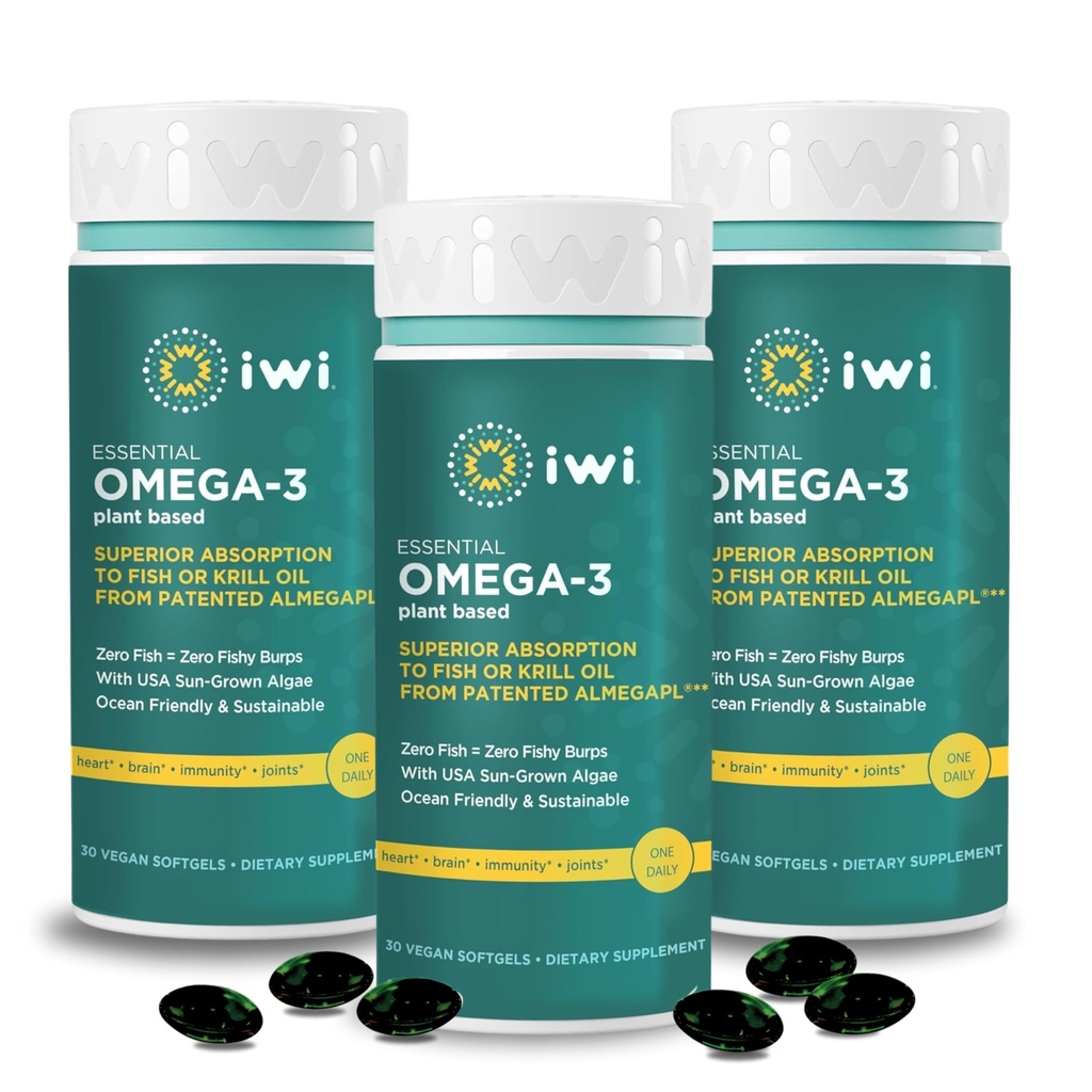 Iwi Omega-3 Essential, 90 Softgels (90 Servings), Rastlinsko-based Algae Omega 3 z EPA + DHA, Možgani, Srce in Imunska podpora Prehranska dopolnila, Krill & Fish Oil Alternative, Brez ribjega pookusa