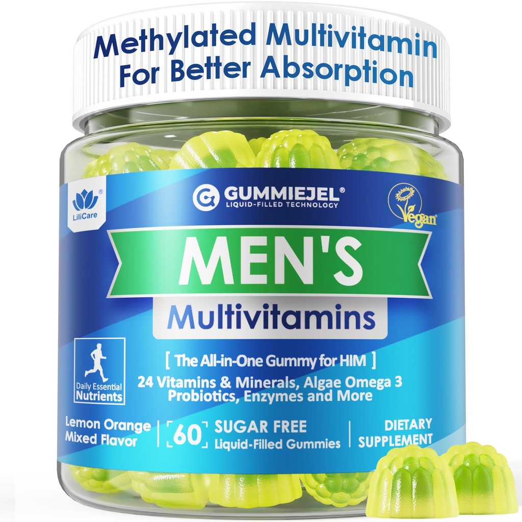 Moški multivitamini Gumies, metilirani multivitaminski za moške, B kompleks, minerali, Vegan Omega 3, Probiotik, Enzyme, Antioksidanti za moško popolno dnevno podporo, sladkor brez, Vegan (brez železa) 60 grofov