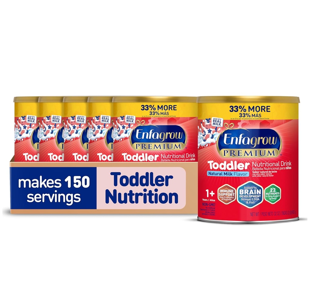 Enfagrow PREMIUM Toddler Nutritional Drink, izdelan s pravim mlekom, Brain-Building Omega-3 DHA, Nutrients in Prebiotics za rast in imunske podpore, Non-GMO, Toddler Milk Powder, 32 Oz Can, 6 Count