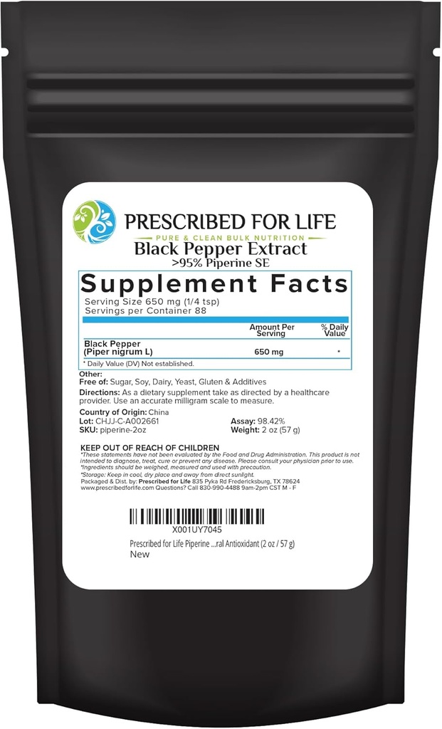 Predpisano za življenje piperin prašek, 95% Black Pepper Extract Prašek, poveča absorpcijo hranil, Gluten prost, Vegan, Ne GSO, Naravni antioksidant (2oz / 56g)