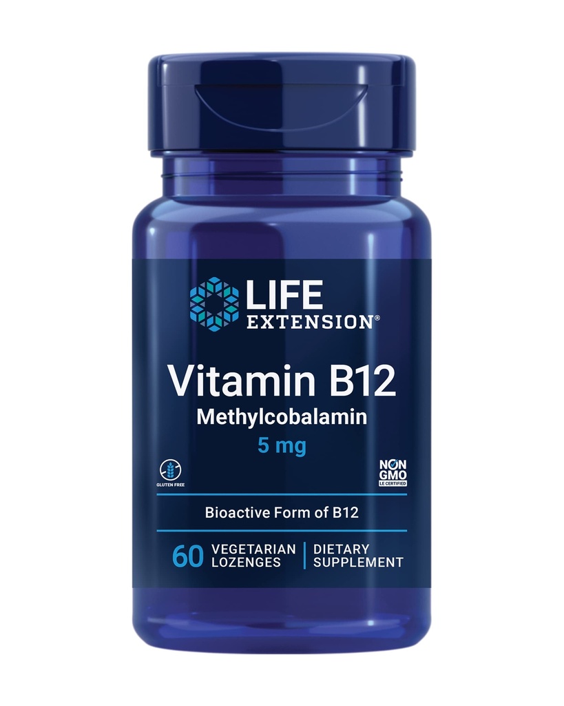 Life Extension Vitamin B12 Metilkobalamin, Živčno zdravje dopolnilo, Kognitivna podpora, Energy Vitamin, metilkobalamin B12, 5 mg, Hitro raztapljanje, Gluten-free, Ne-GMO, Vegetarian, 60 lozenges