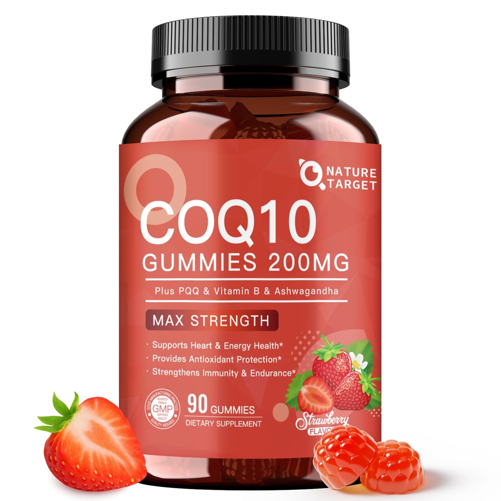 NATURE TARGET CoQ10 Gumies 200mg – Visoka absorpcija Koencim Q10 Dopolnila za srce, energijo in antioksidant s PQQ,Zinc & Ashwagandha, Jagodna aroma, 90 Število