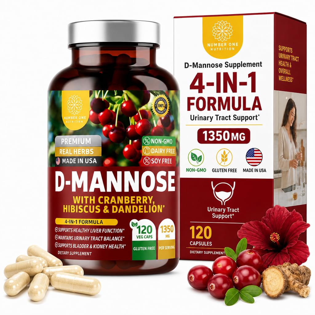 Številka One Nutrition Premium D Mannose Supplement za ženske in moške [Max Jakost, 1350MG] Naravna D-mannoza z brusnico, Hibiscus in Dandelion za zdravje sečil Tract, 120 Count