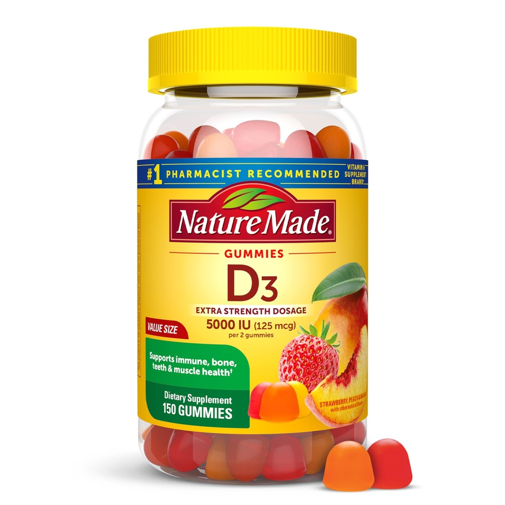 Vitamin D3 5000 i.e. na serviranje žvečilnih gumijev Dodatna moč, podpora za zdravje kosti in imunskega sistema, 150 vitamin D Gumijev za odrasle, 75 dnevna oskrba