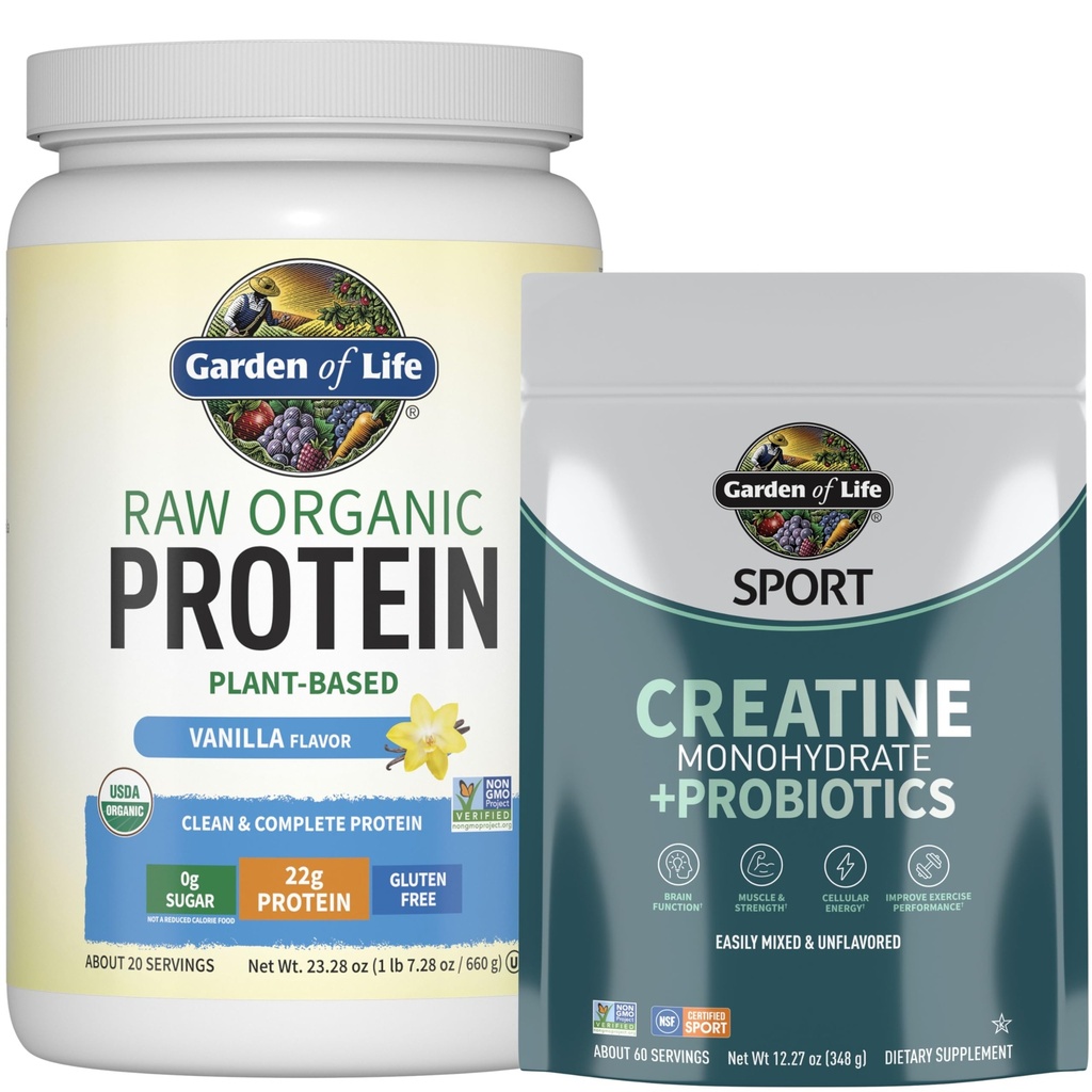 Vrt življenja Beljakovine & Kreatin Bundle – Vegan Vanilla Protein Powder 20 Serving with BCAAs, Probiotics & Enzymes + Kreatin Monohidrat Pred vadbo 60 Serving for Muscle, Jakost & Performance