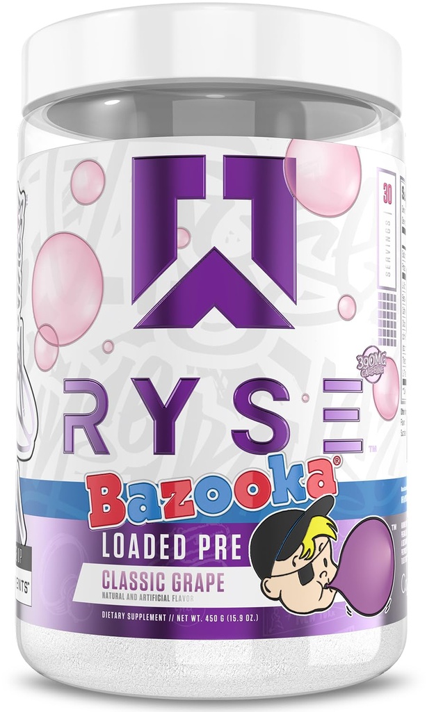 RYSE naložen pred treningom v prahu - Bazooka Grozdje - Dnevni predworkout za moške in ženske s 390mg kofeina, Beta Alanina in Citrulin za črpalko, fokus in energijo - 30 Servingov