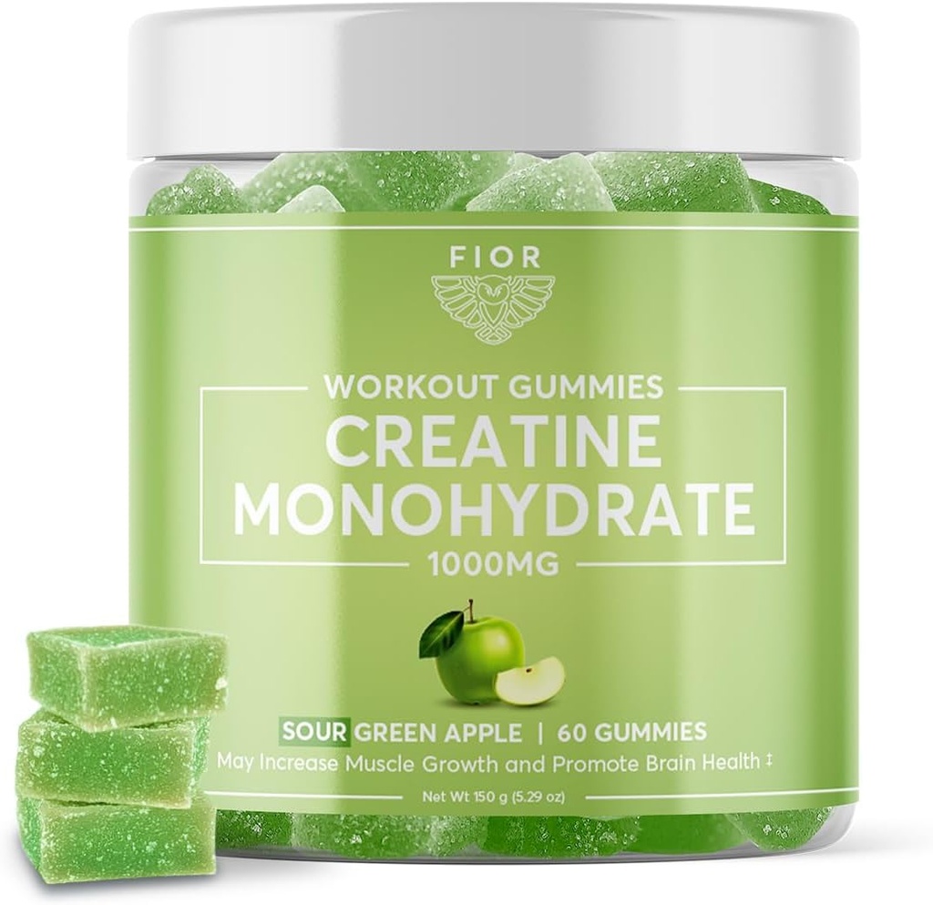 FIOR Kreatin Gummy - Najboljši kreatin monohidrat Žvečljiv, 60 Štetje, Vadba & Beljakovine dopolnilo, Kognitivno izboljšanje, Sour Green Apple Flavor, 30 Servings