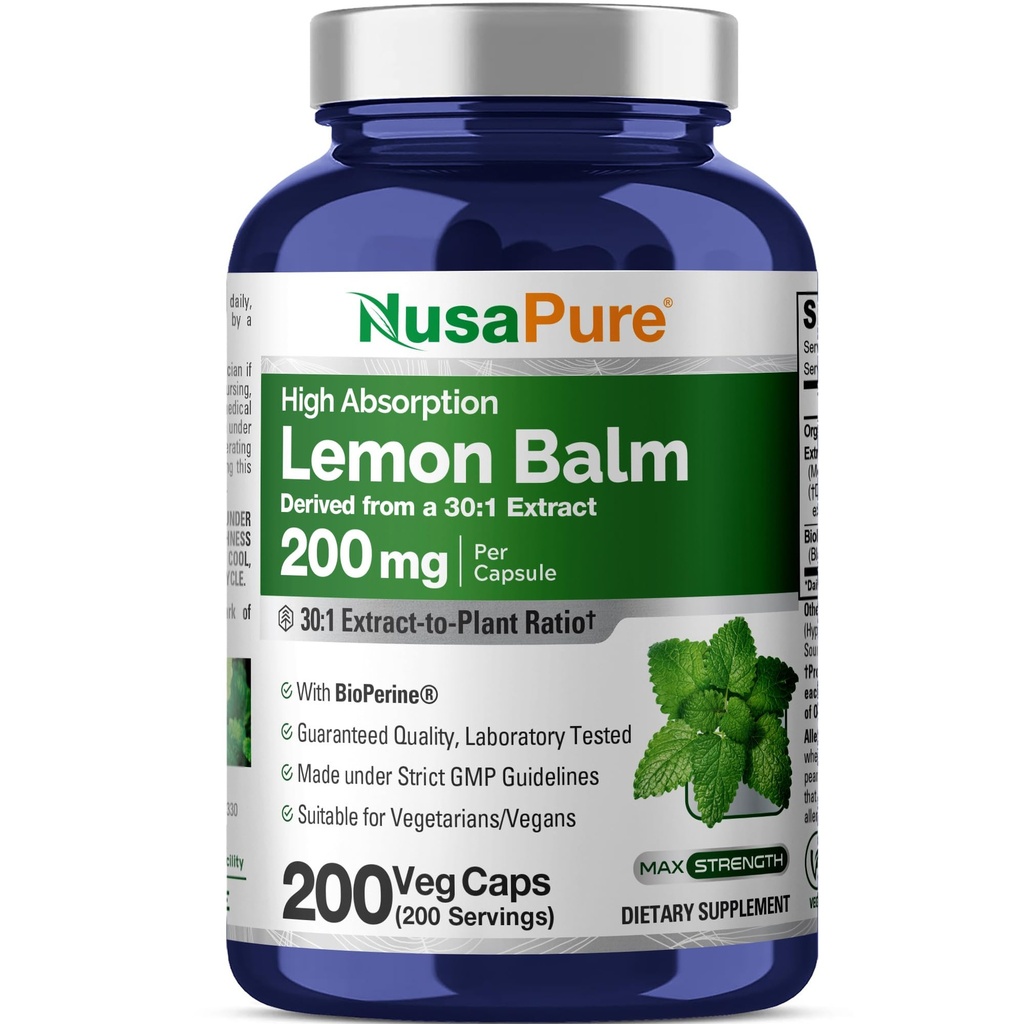 NusaPure Lemon Balm 30:1 Extract, 200 mg Enakovreden 6000 mg per Vegan Caps - 200 Count Non-GMO, Vegan Bioperine