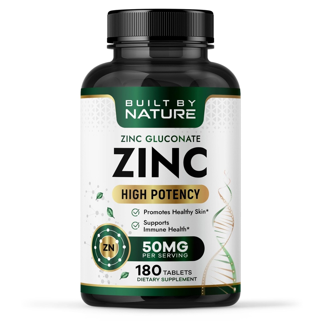 Zgrajena z naravnim cinkom 50 mg – cinkov glukonat za zelo absorbirano podporo imunskemu in antioksidantu – spodbuja zdravje kože, oči in imunskega sistema – ne-GMO, Gluten-free – 180 tablet