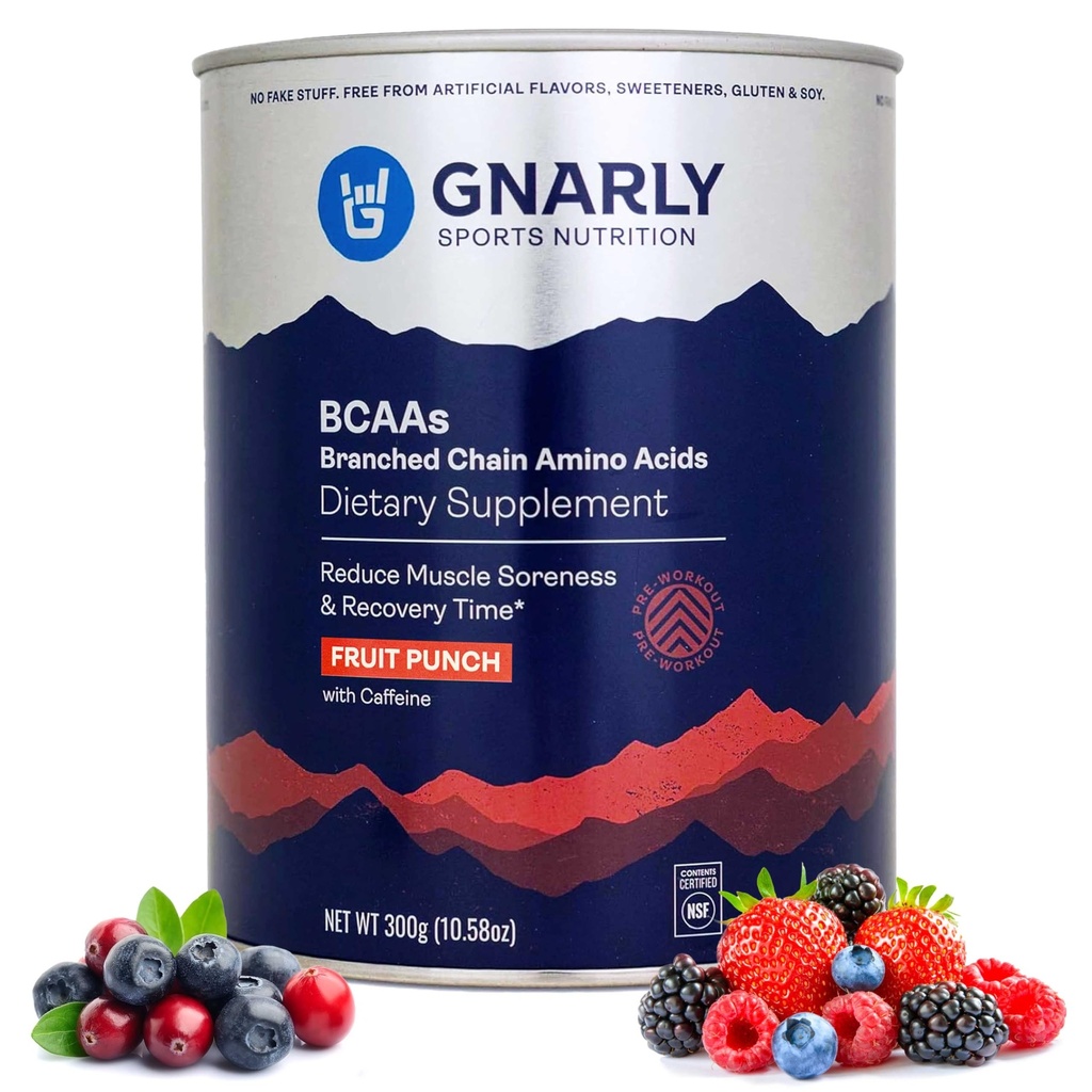 Gnarly Nutrition BCAA Powder, Fruit Punch – Pre-Workout BCAAS Aminokisline – NSF Sport Certified – Dopolnilo k podpori in obnovi mišic – Sadni Punch s kofeinom, 10.58 oz