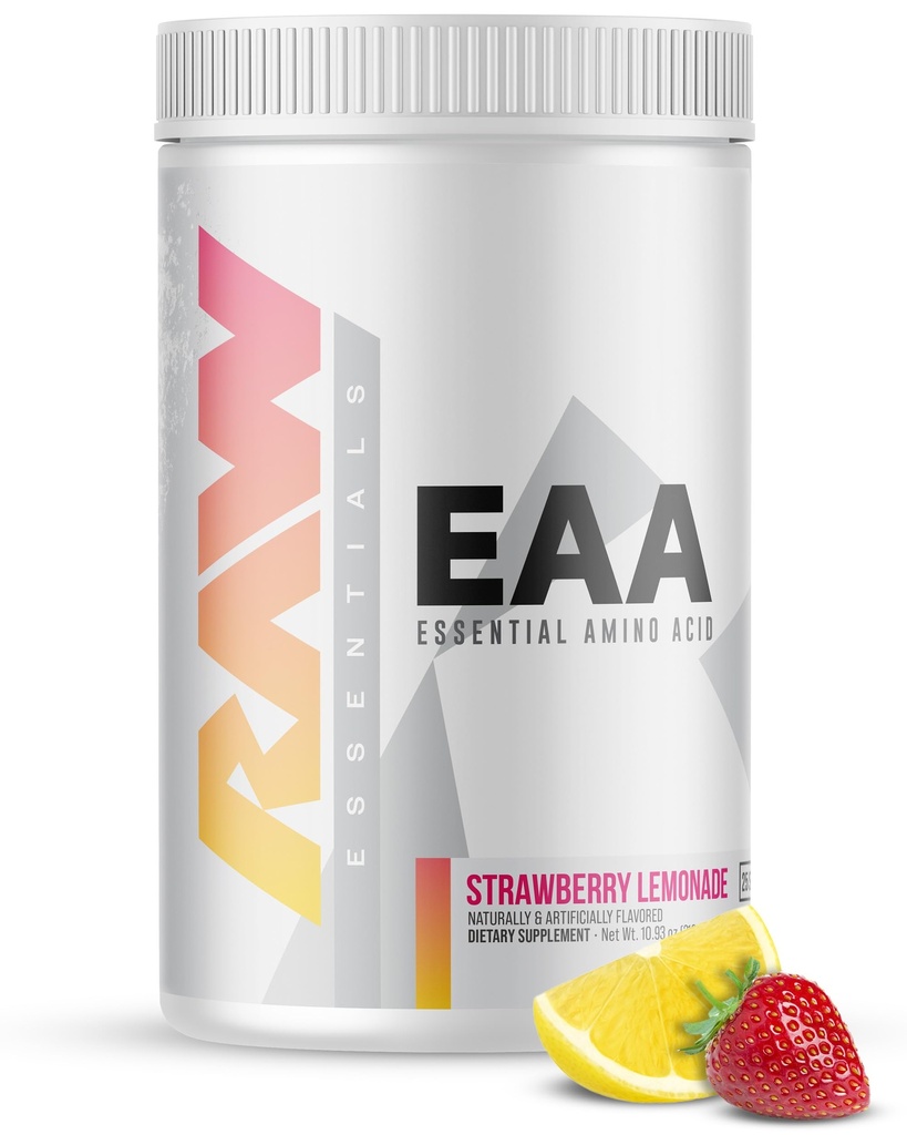 RAW EAA Aminokisline v prahu, Jagodna limonada (25 serverjev) - Pre Workout Amino Energy v prahu za moč, vzdržljivost, regeneracijo in rast mišic - BCAA Aminokisline Dopolnilo za moške in ženske