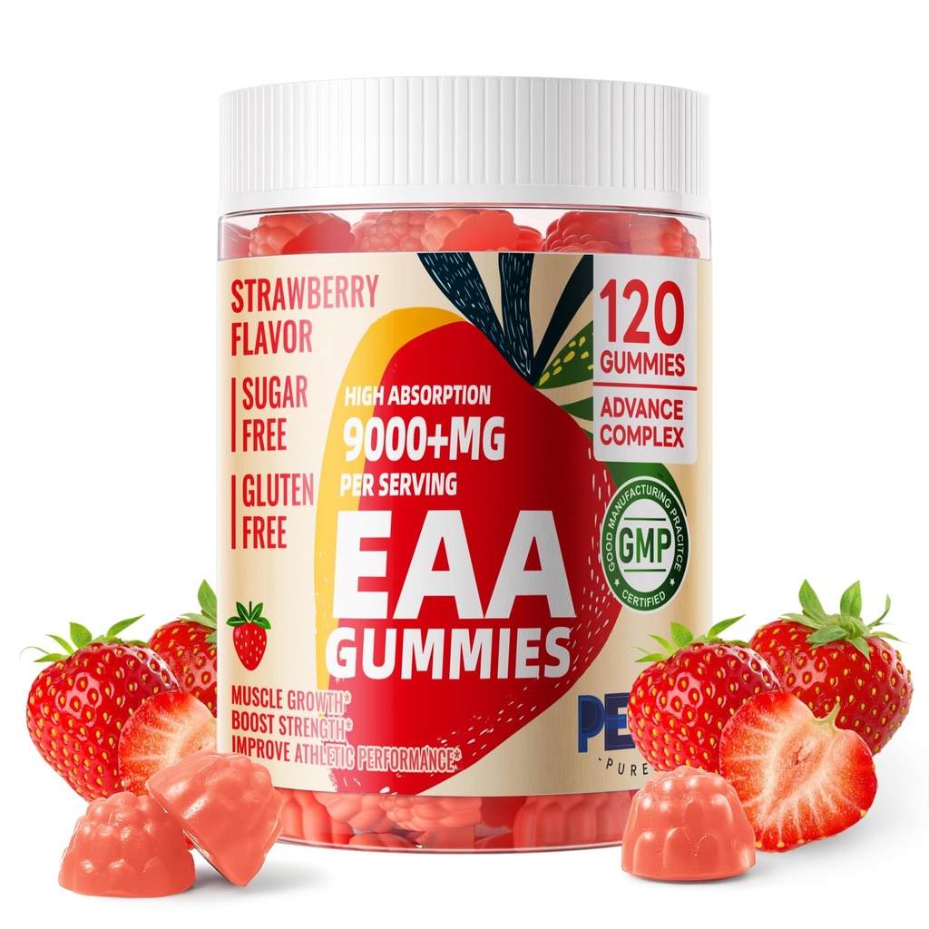 Hišne živali Purest EAA Gumies 120 Gumies (Strawberry), Essential Aminokisline - vseh 9 Essential Aminos (EAA) in vsi razvejani Chain Aminos (BCAA), Non-GMO, Gluten Free, vegetarijansko prijazno