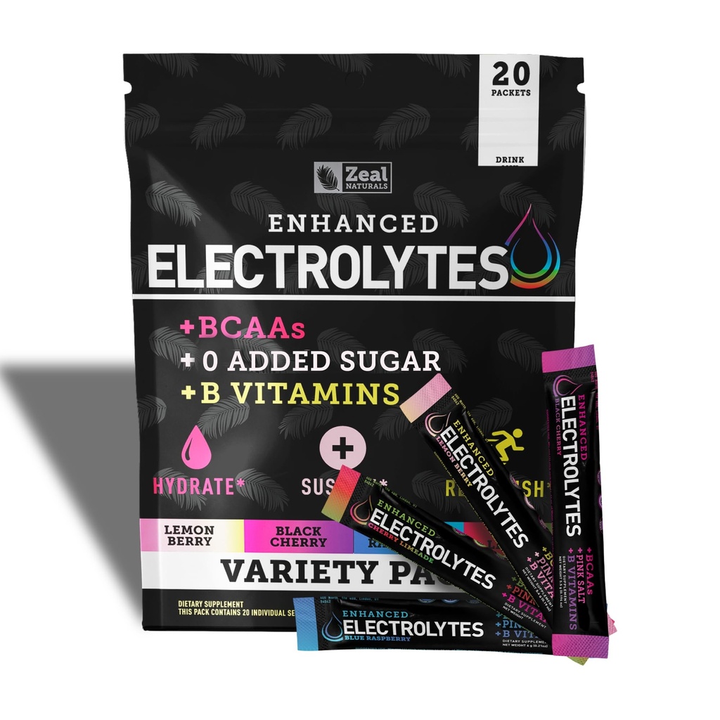 Zeal Naturals Izboljšana elektrolit v prahu Packs (Variety Pack - 20 Packets) Sugar Free + BCAA B-Vitamini & Roza himalajska sol - Keto Elektroliti, Hidracija prašek
