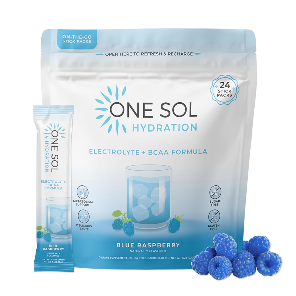 One Sol BCAA & Elektrolit Powder za hidracijo in energijo, Vse-naravna Formula, 100% Vegan, Non-GMO, Gluten Free & Soy-free, spodbuja rast mišic in okrevanje, naravna modra malina aroma