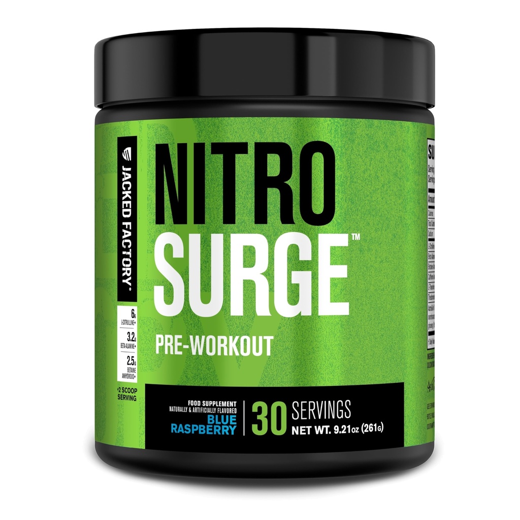 Jacked Factory NITROSURGE Pre Workout dodatek - Energy Booster, Instant moč dobi, Jasno Fokus & Intense črpalke - NO Booster & Močni Preworkout Energy Powder - 30 Servings, Modra malina