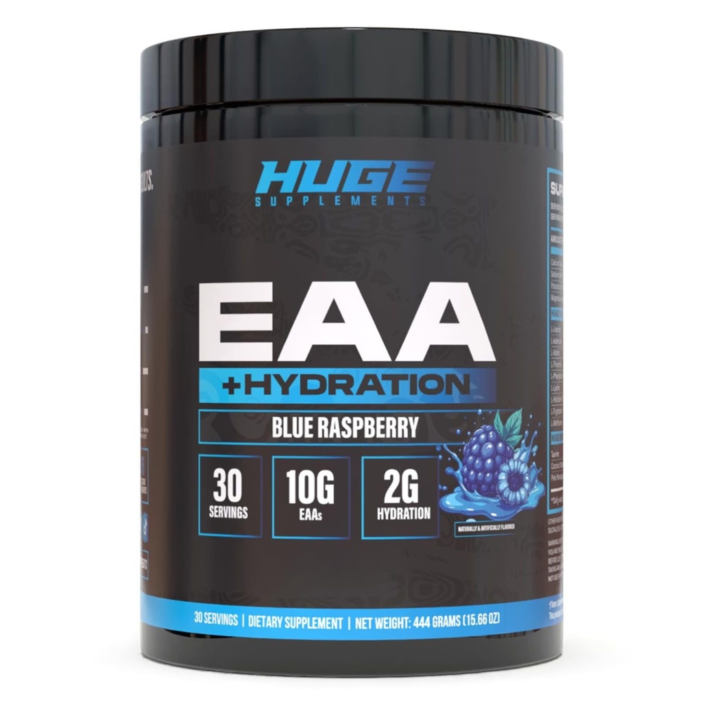 Ogromen EAA + Hidracija, Essential Aminokisline v prahu, EAA & BCAA, Intra & Post Workout recovery v prahu, rast mišic, recovery & Performance, 10g EAA & Elektroliti, 30 Strežnice (modra malina)