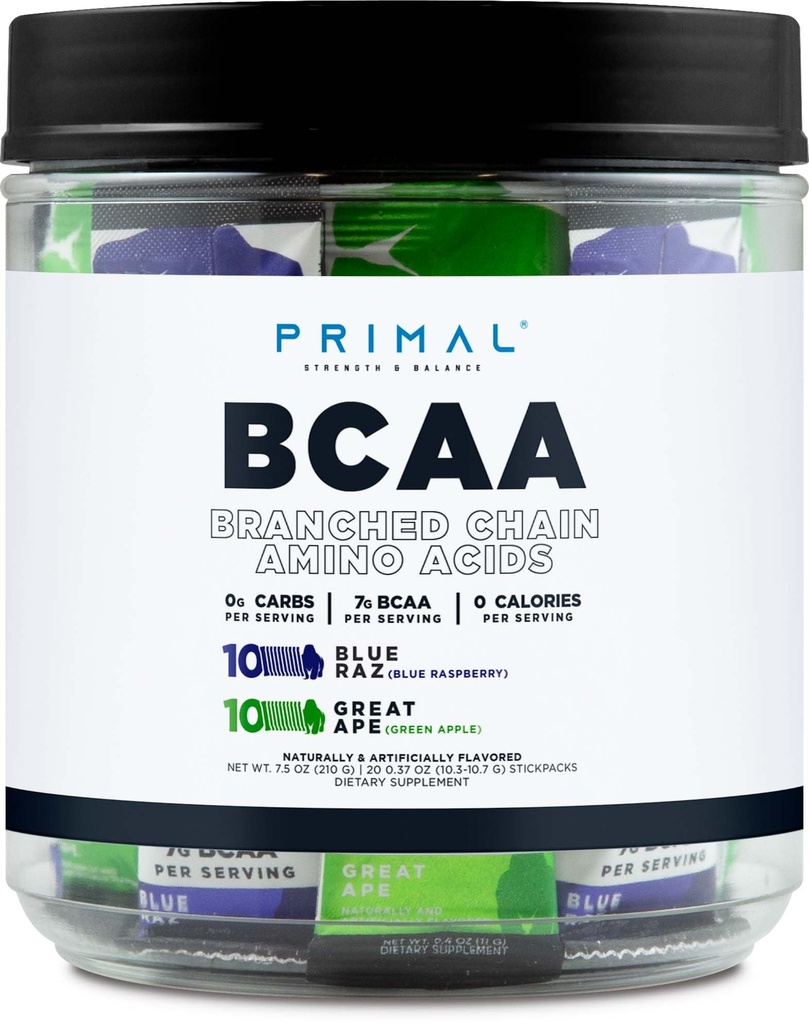 Primal BCAA Variety Pack, Blue Raspberry + Great Ape Green Apple arome (20 Stickpacks) - 7G BCAA na obrok, razvejane verige aminokislin