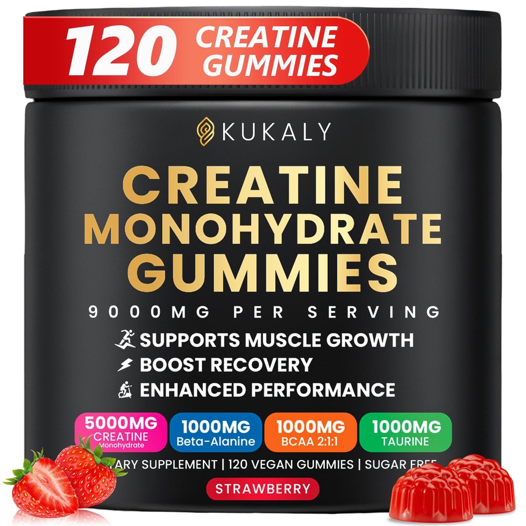 Kreatin monohidrat Gumiji za moške in ženske, 9000MG Kreatin Gumies Sladkor brez L-tavrina, BCAA 2:1, B12 B6 za povečanje moči, fokus in vzdržljivost, Vegan, Non-GMO, Jagoda, 120kos