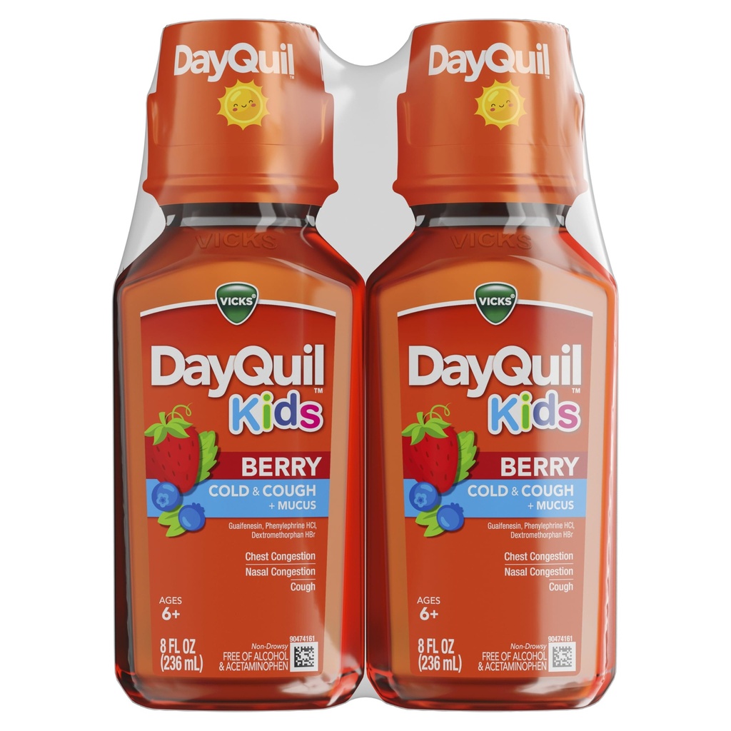 Vicks Kids DayQuil Berry Cold & Cough Medicine Co-Pack, Dnevno lajšanje več simptomov, odlično okusen Berry Flavor, brez alkohola & acetatfen, za starost 6+, 2x8oz