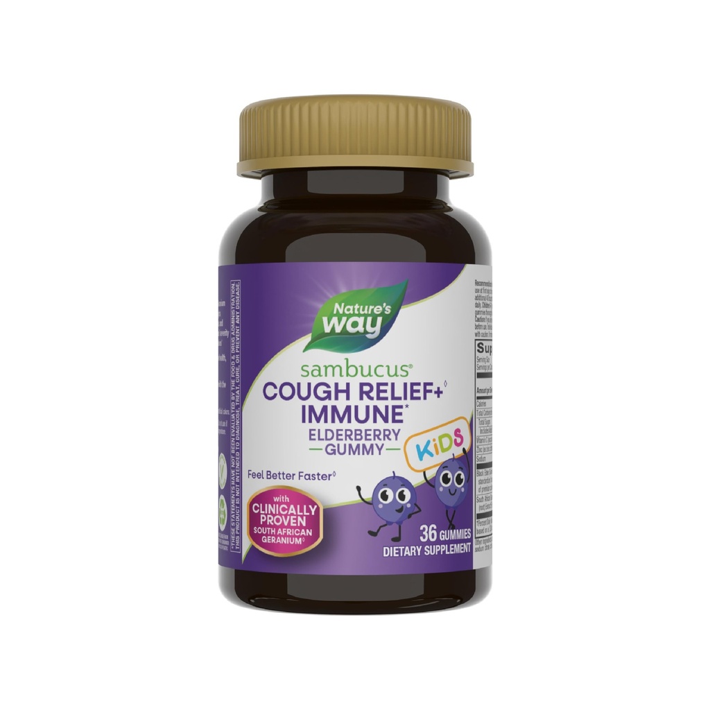 Naravne poti Sambucus Otroci Kašelj Relief +(1) Imunski Gummy*, Počutite se bolje hitreje(1), Klinično dokazano južnoafriški geranij, z bezgovo jagodo, Vitamin C & cink, Gluten brezplačno, Vegetarijanec, 36 Gumies