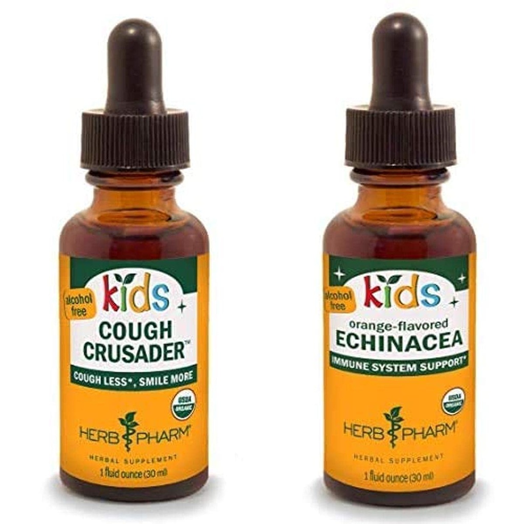 Herb Pharm Kids Certified-Organic Alkohol-free Cough Cruser Liquid Herbal Formula, 1 Ounce & Kids Certified-Organic Alkohol-free Echinacea Glycerite Liquid Extract, 1 Ounce