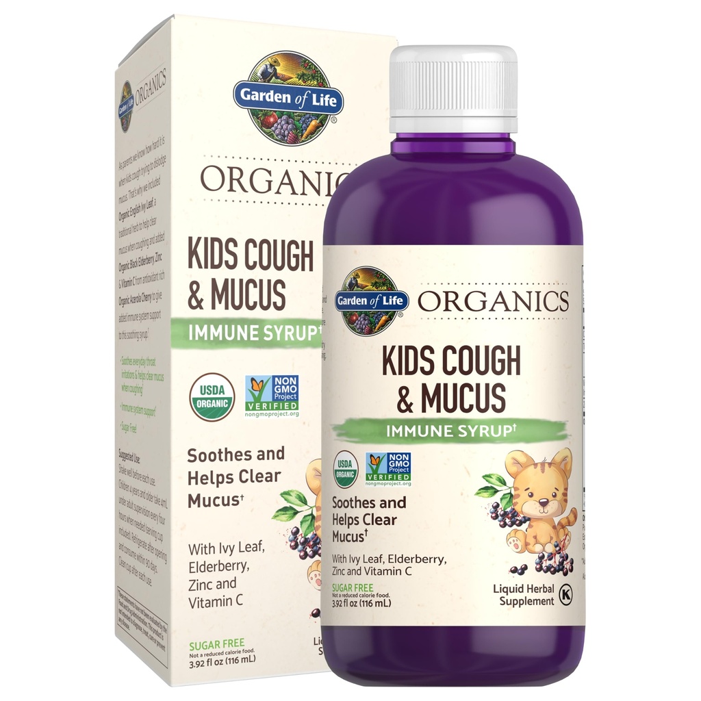 Vrt življenja Organics Elderberry & Cink za otroško imuno podporo, Otroci kašelj & sluz Imunski sirup z Ivy Leaf, Vitamin C in Echinacea za otroke, Alkohol brez dodanih sladkorjev, 3,92 fl oz