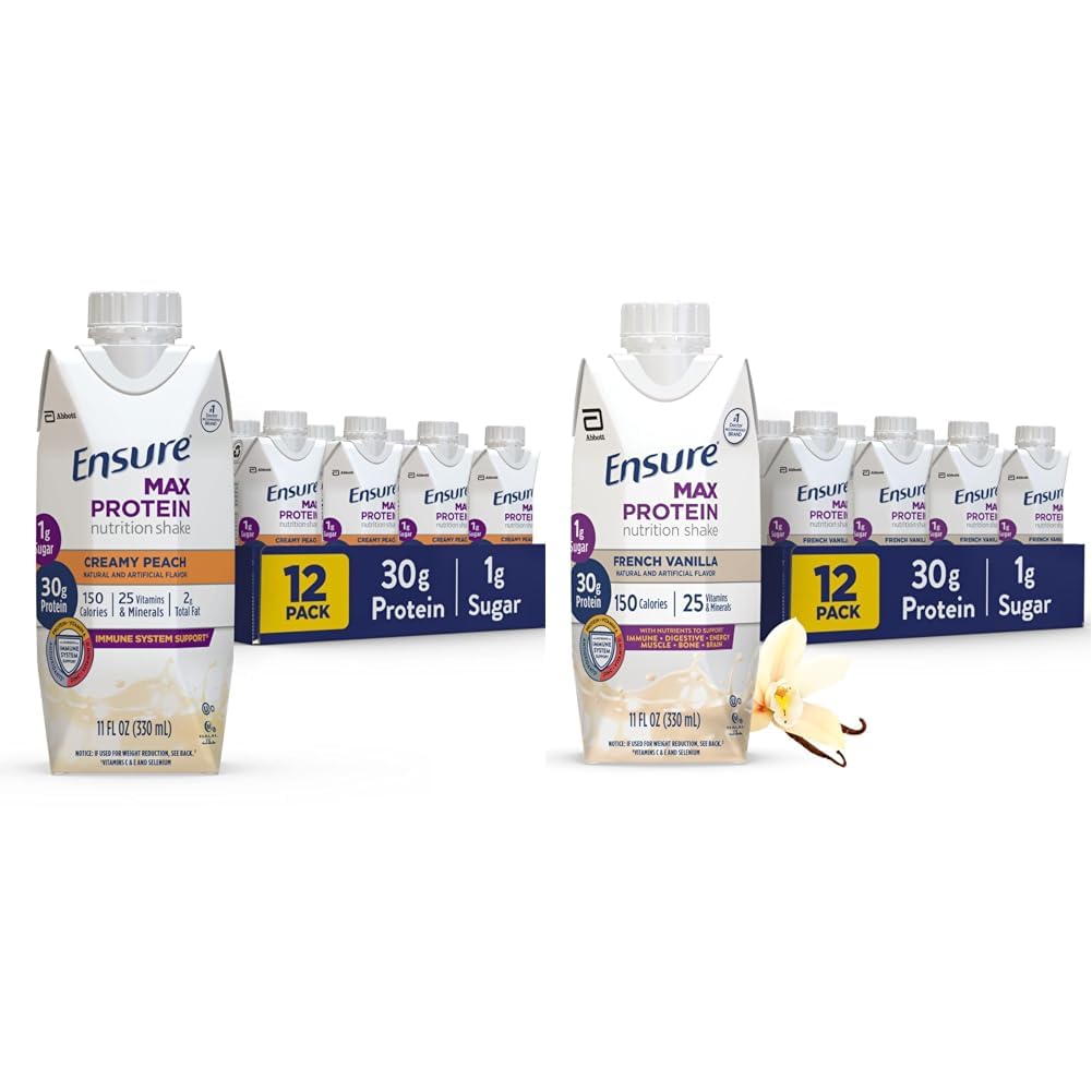 Zagotovite Max Protein Nutrition Shake s 30g beljakovinami, 1g sladkorja, High Protein Shake, Creamy Peach & French Vanilla, Liquid, 11 fl oz (Pack of 12)