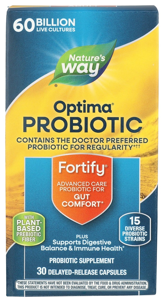 Narava pot Fortify Optima probiotik za odrasle, 60 milijard živih kultur, 15 sevi, Gut Comfort*, Podpira prebavno ravnovesje in imunskega zdravja*, Naj hlajenje, 30 Kapsule (Packating May Vary)
