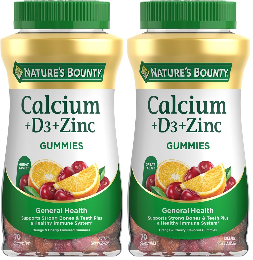 Bounty Calcium + D3 + Cink Gummies, podpira močne kosti in zobe Plus zdrav imunski sistem, 500mg, pomaranče in češnje arome, 70 Gummies (paket z 2)