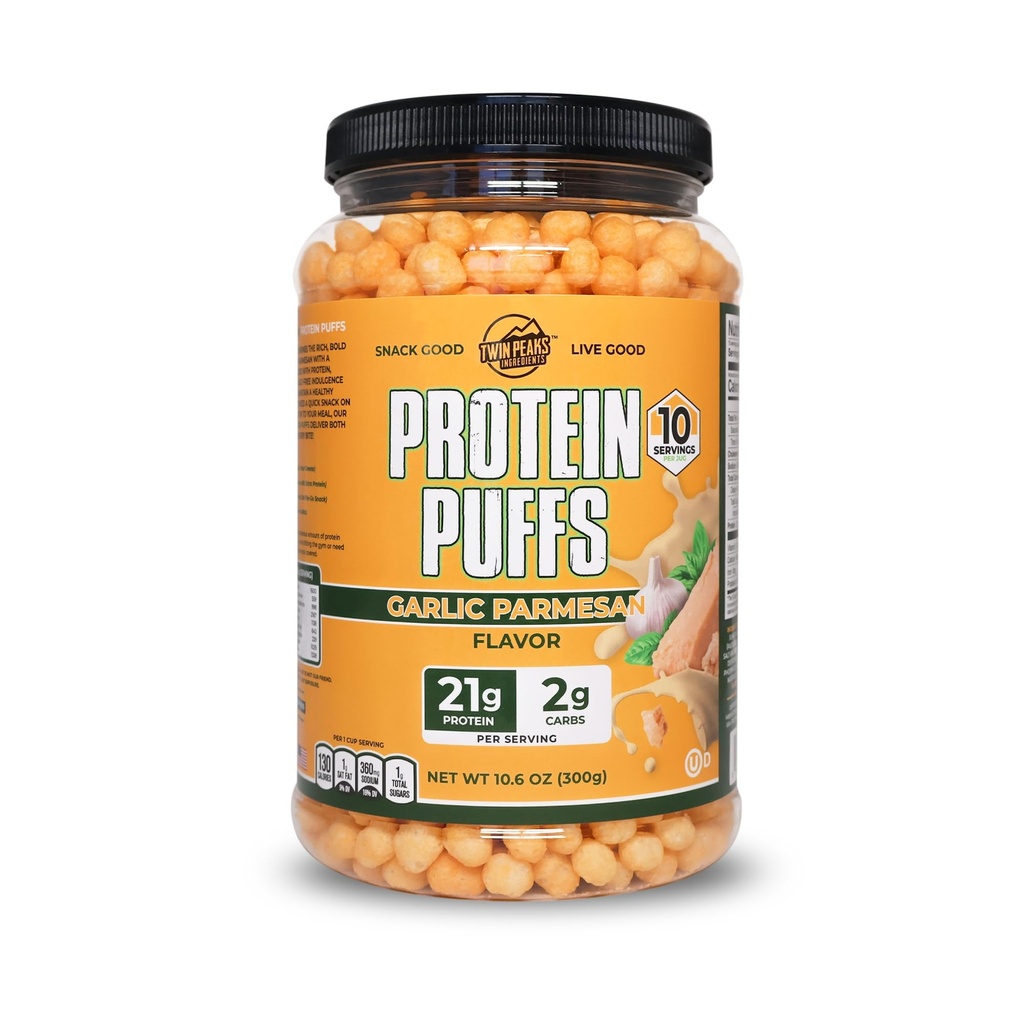 Twin Peaks Protein Puffs - (Garlic Parmezan), Keto prijazno, Prigrizek z nizko vsebnostjo ogljikovih hidratov (300g, 21g beljakovine, 2g neto ogljikovih hidratov, visoke beljakovine, zdravo prigrizek)