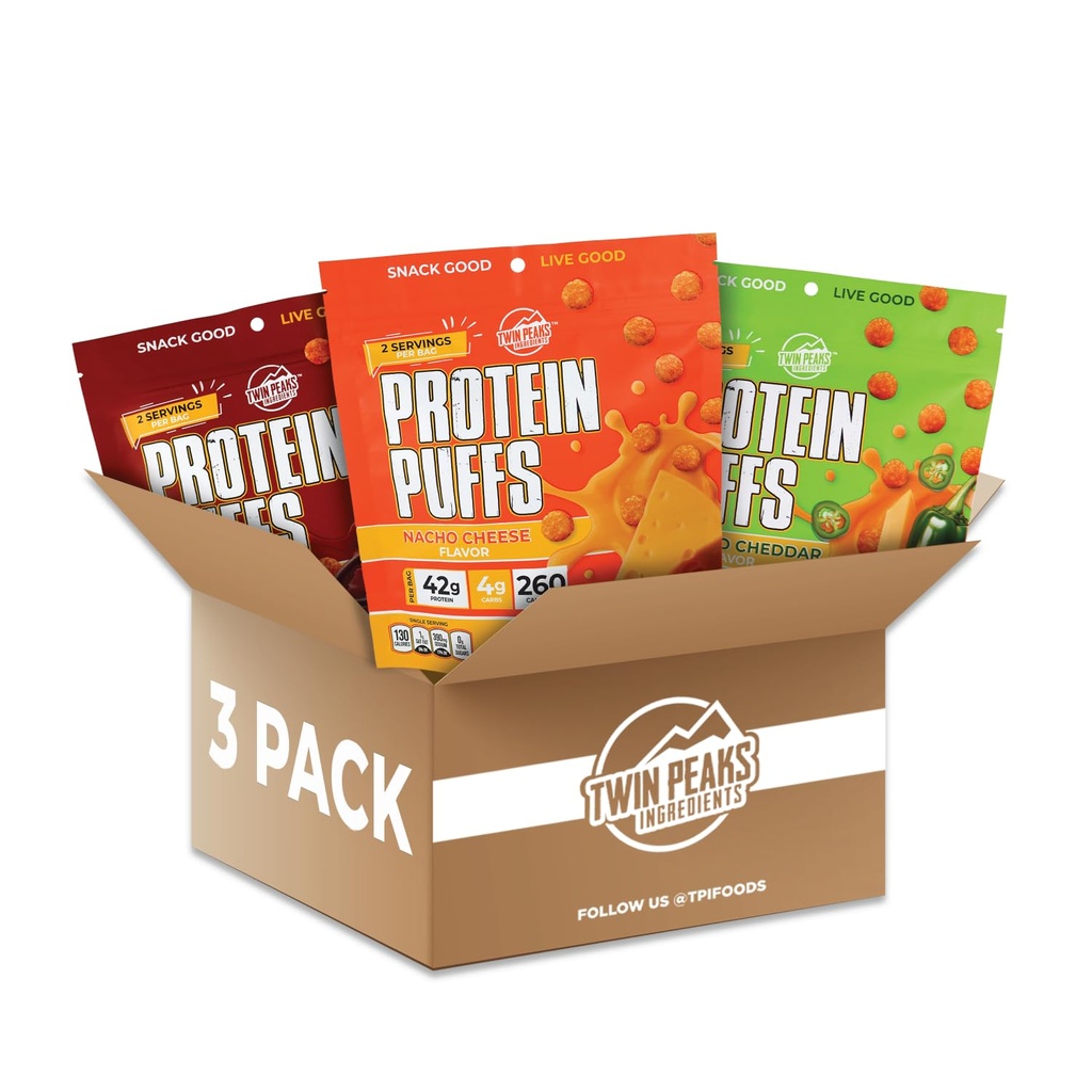 Twin Peaks Sestavine Nizka vsebnost ogljikovih hidratov, Keto Prijazni proteini Puffs, (Variety Pack, 2.1 Ounce), 2 Serving, 3 Pack (60g, 42g beljakovin, 4g ogljikovih hidratov)