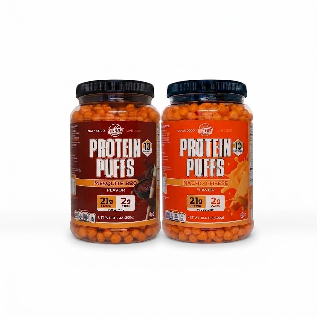 Twin Peaks Protein Puffs Variety Pack (Nacho Cheese & Mesquite Barbecue) – Keto prijazno, Nizko karb prigrizek (300g vsak), 21g beljakovin, 2g neto ogljikovih hidratov, Krunchy High-Protein prigrizek