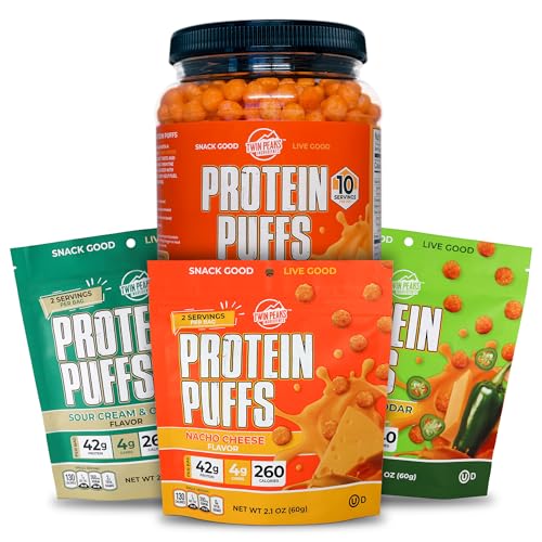 Twin Peaks Low Carb, Keto Friendly Protein Puffs, 3 vrečke različnih arom Puffs + 1 Jug Nacho sir Flavor Puffs