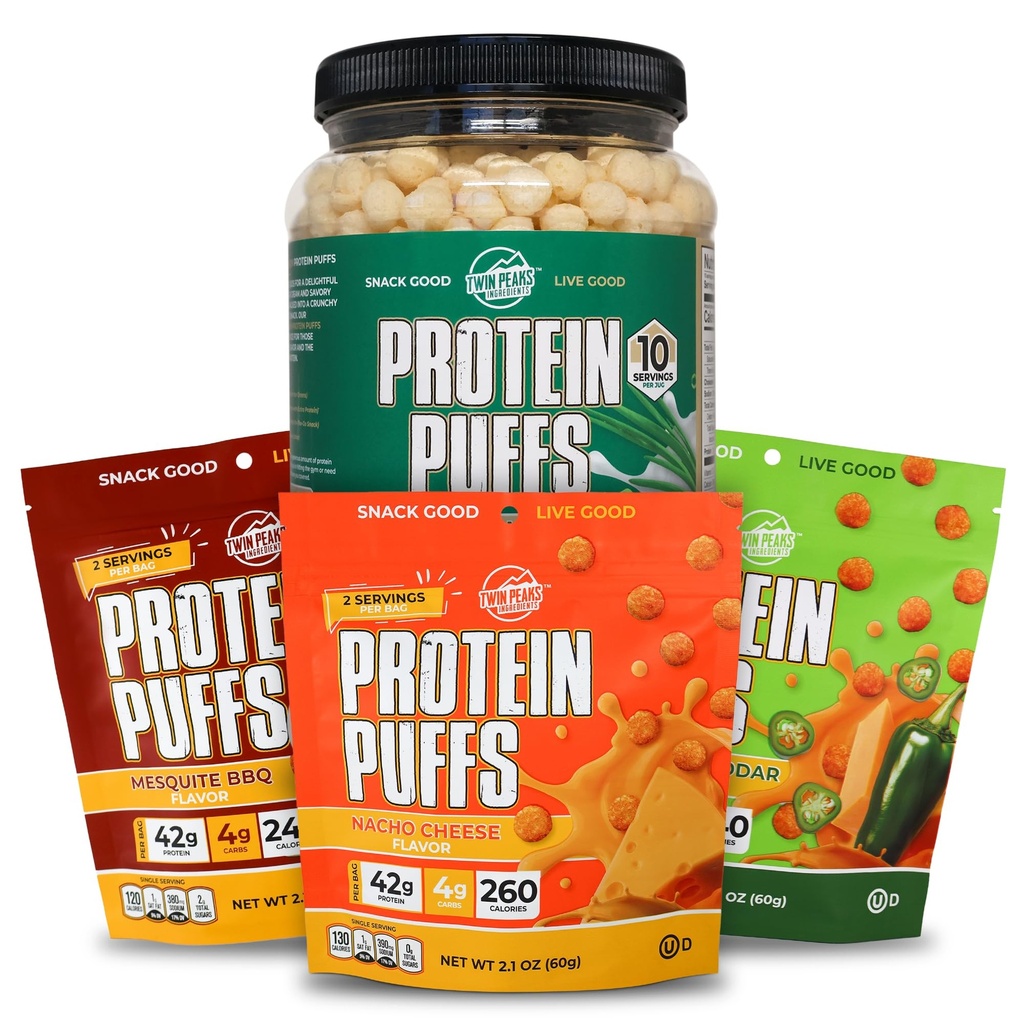 Twin Peaks Low Carb, Keto Prijazni protein Puffs, Sour Cream & Čebula + Twin Peaks Sestavine Low Carb, Keto Prijazni protein Puffs