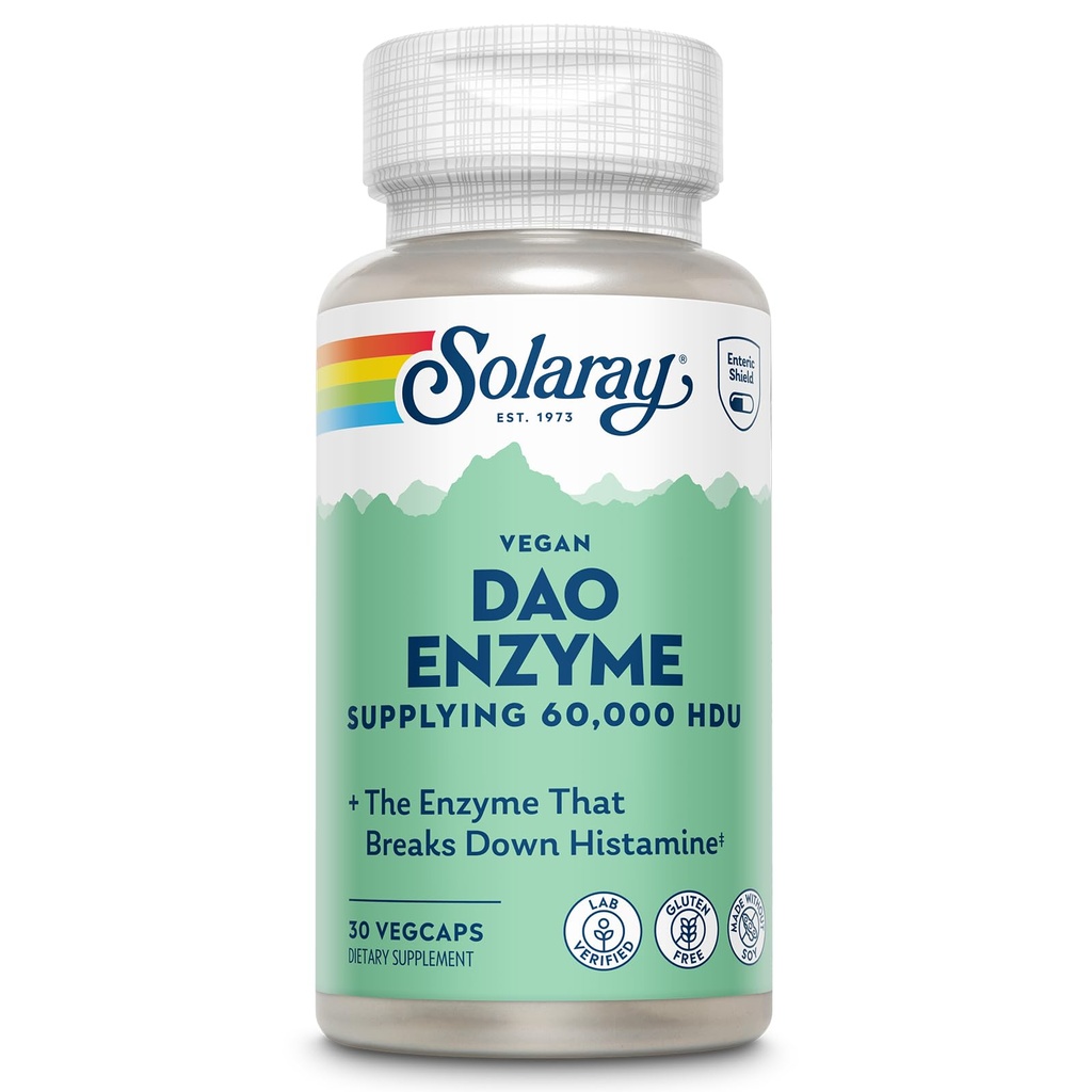SOLARAY DAO Enzyme - Prebavni encim, ki zlomi histamin - 60.000 HDU - Prebavni encimi - Vegan, Gluten prost, Lab preverjen - 30 Serving, 30 VegCaps
