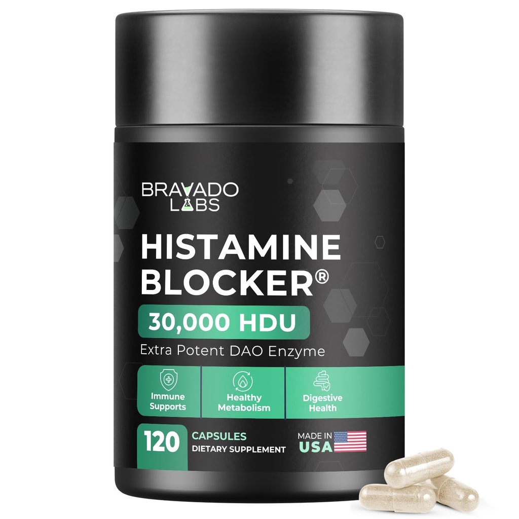 Bravado Labs DAO Supplements Histamin Blocker - Extra Jakost 30.000 HDU DAO Enzyme + Diamin oksidaza & Vitamin C za dnevno histaminsko presnovo in imuno podporo - 120ct