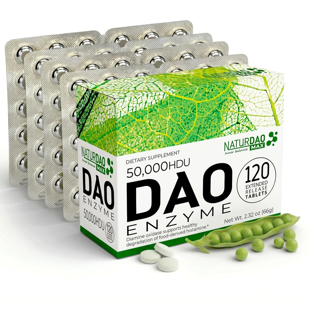 MAX DAO Enzyme Dodatek 120 tablet, 50.000 HDU na tableto nastavljiv odmerek, razširjena sprostitev, Histamin blokator