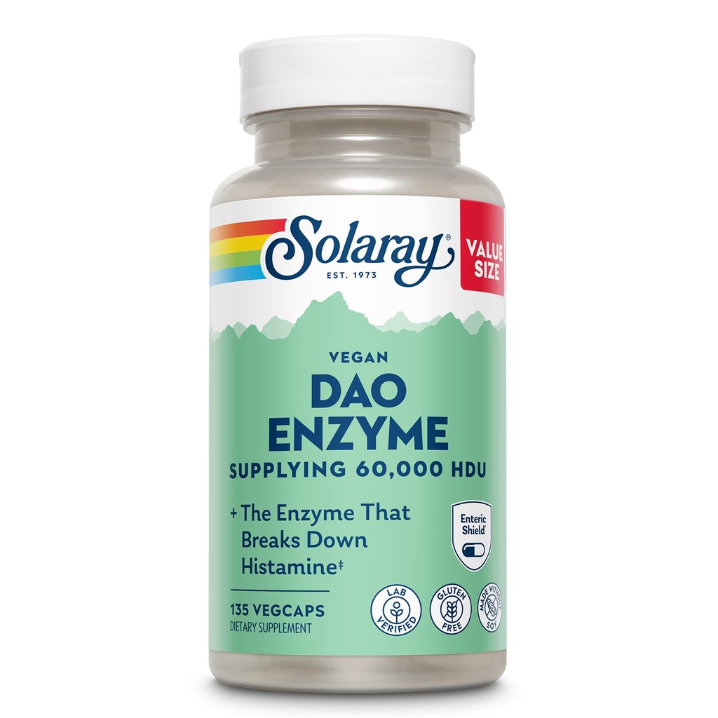 SOLARAY DAO Enzyme - Prebavni encim, ki zlomi histamin - 60.000 HDU - Prebavni encimi - Vegan, Gluten prost, Lab preverjen - 135 Serving, 135 VegCaps