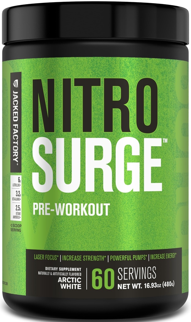Jacked Factory NITROSURGE Pre Workout dodatek - Neskončna energija, Instant moč dobi, Jasno fokus, Intenzivno črpalke - NO Booster & Močni Preworkout Energy Powder - 60 Servings, Arktična bela