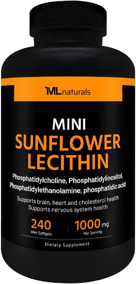 ML Naturals Mini Sončnica Lecithin 240 Softgels. Fosfatidilholin, fosfatidilinozitol, fosfatidiltanolamin, fosfatidna kislina, Certified NSF in cGMP- Compliant
