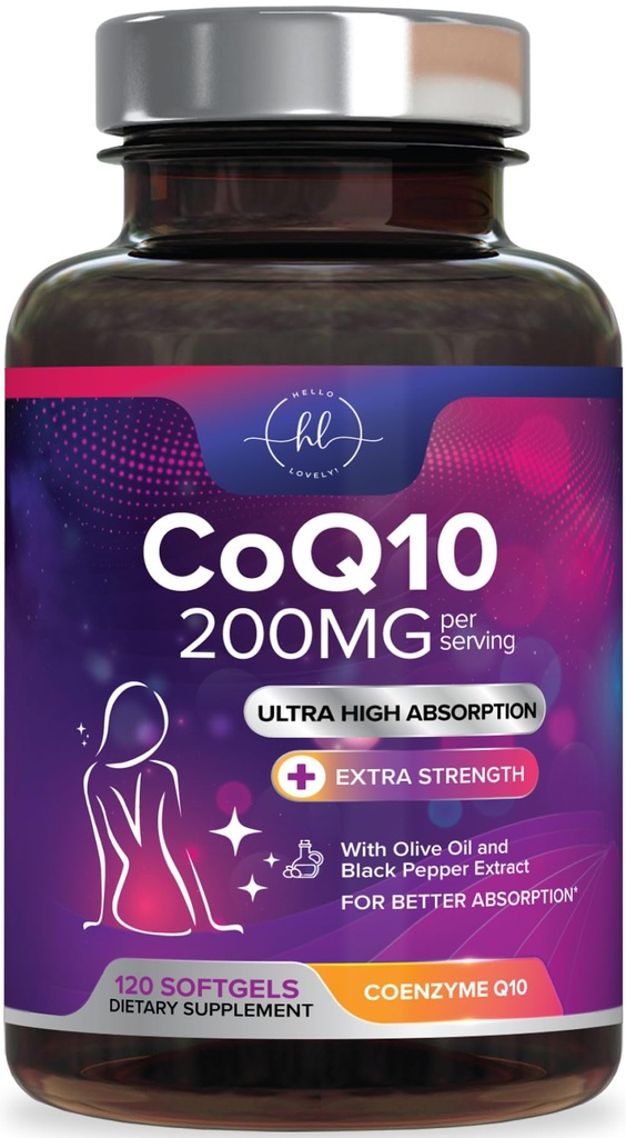 Koencim Q10 200mg na servisni dodatek - Ultra visoka absorpcija, Antioksidant za zdravje srca in energijo proizvodna podpora - CoQ10 (Ubikinon) Co Q 10 Dopolnilo & Vitamini 100mg vsak - 120 Softgels