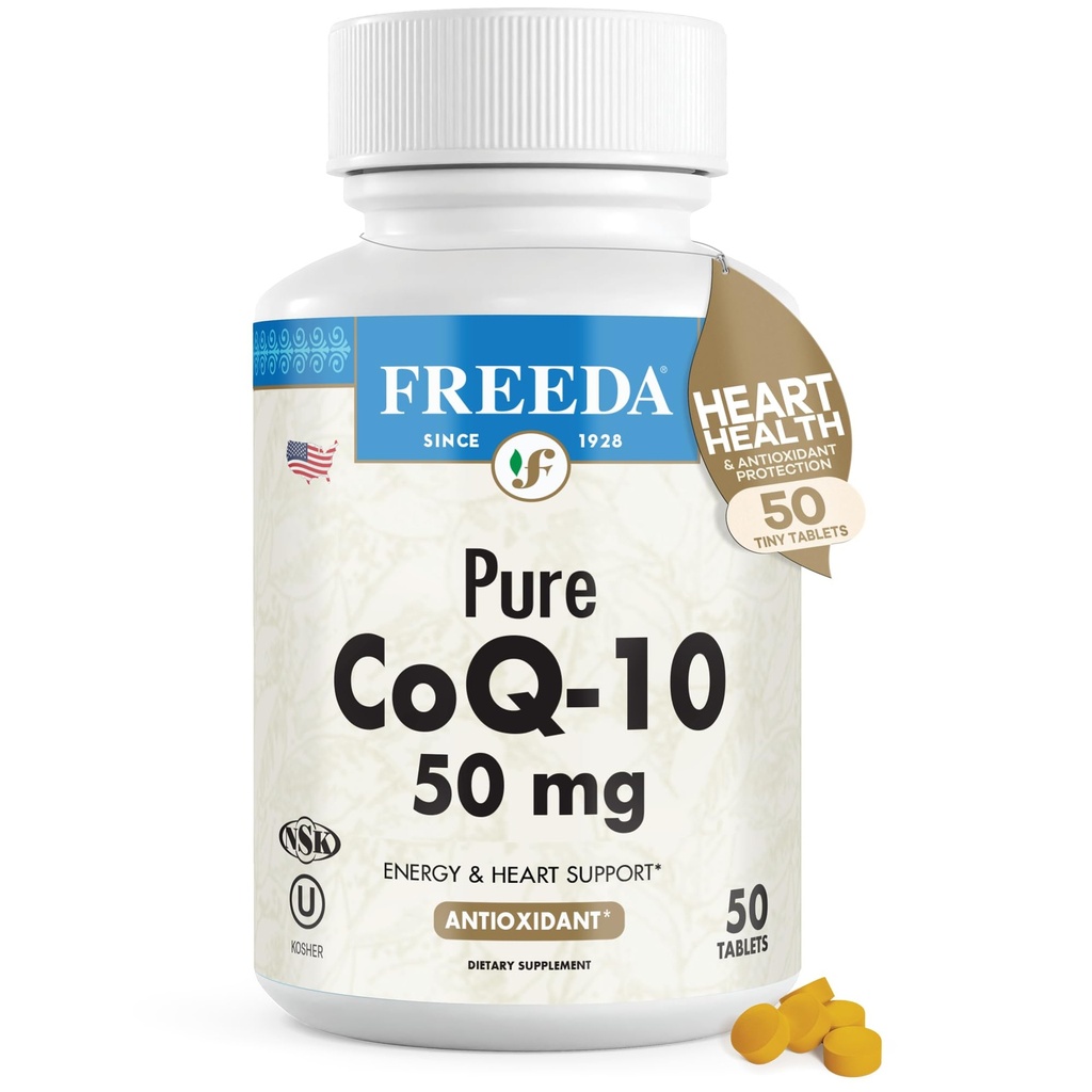 FreeDA CoQ10 50mg - Kosher Vegan Co-Q 10 Dopolnilo za srčno-žilno zdravje srca, podporo krvnega tlaka, Gum zdravje in zdravo staranje - Čisti koencim Q10 - Ubikinon CQ10 Dodatek (50 Count)