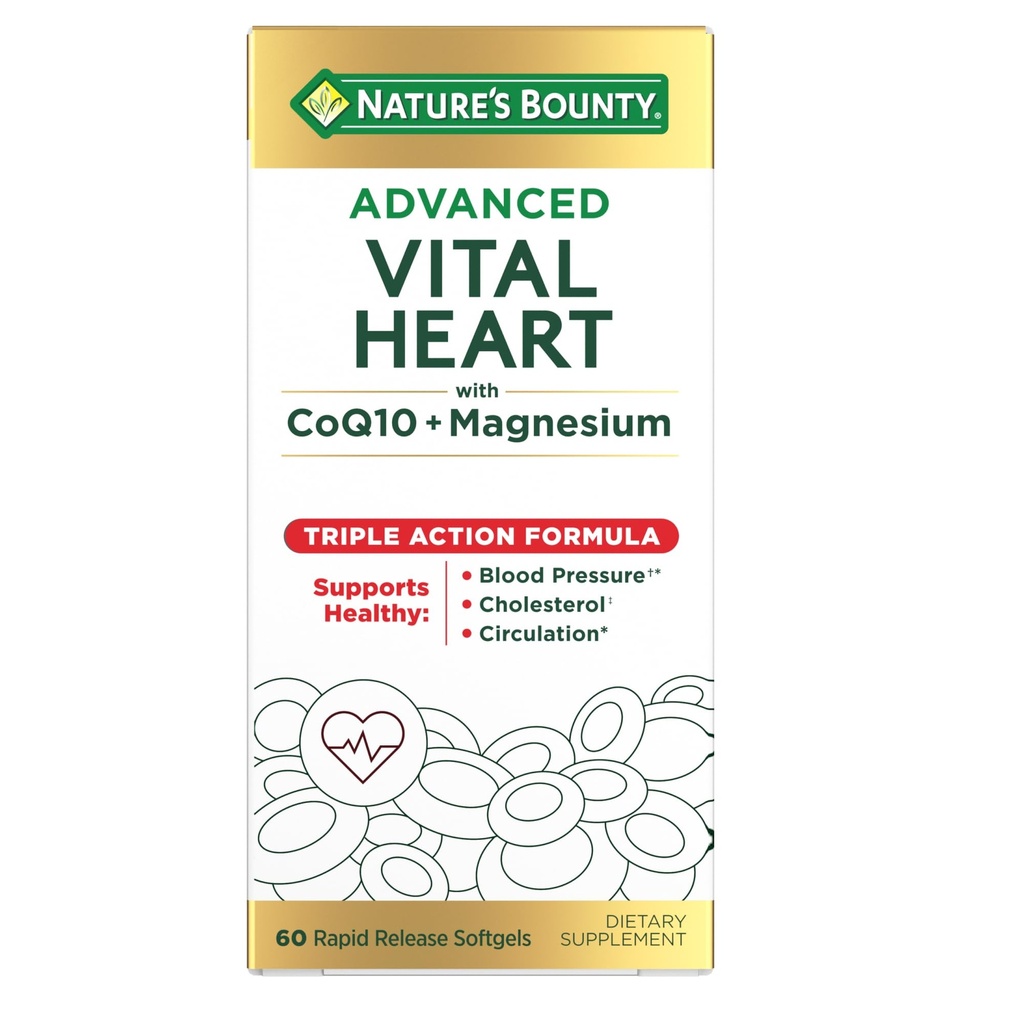 Naravni Bounty Advanced Vital Heart z CoQ10 + Magnezij, Antioksidant, Podpira zdravo krvni tlak, holesterol, Cirkulacija, Triple Action Formula, CoQ10, Magnezij dodatek, 60 Softgels