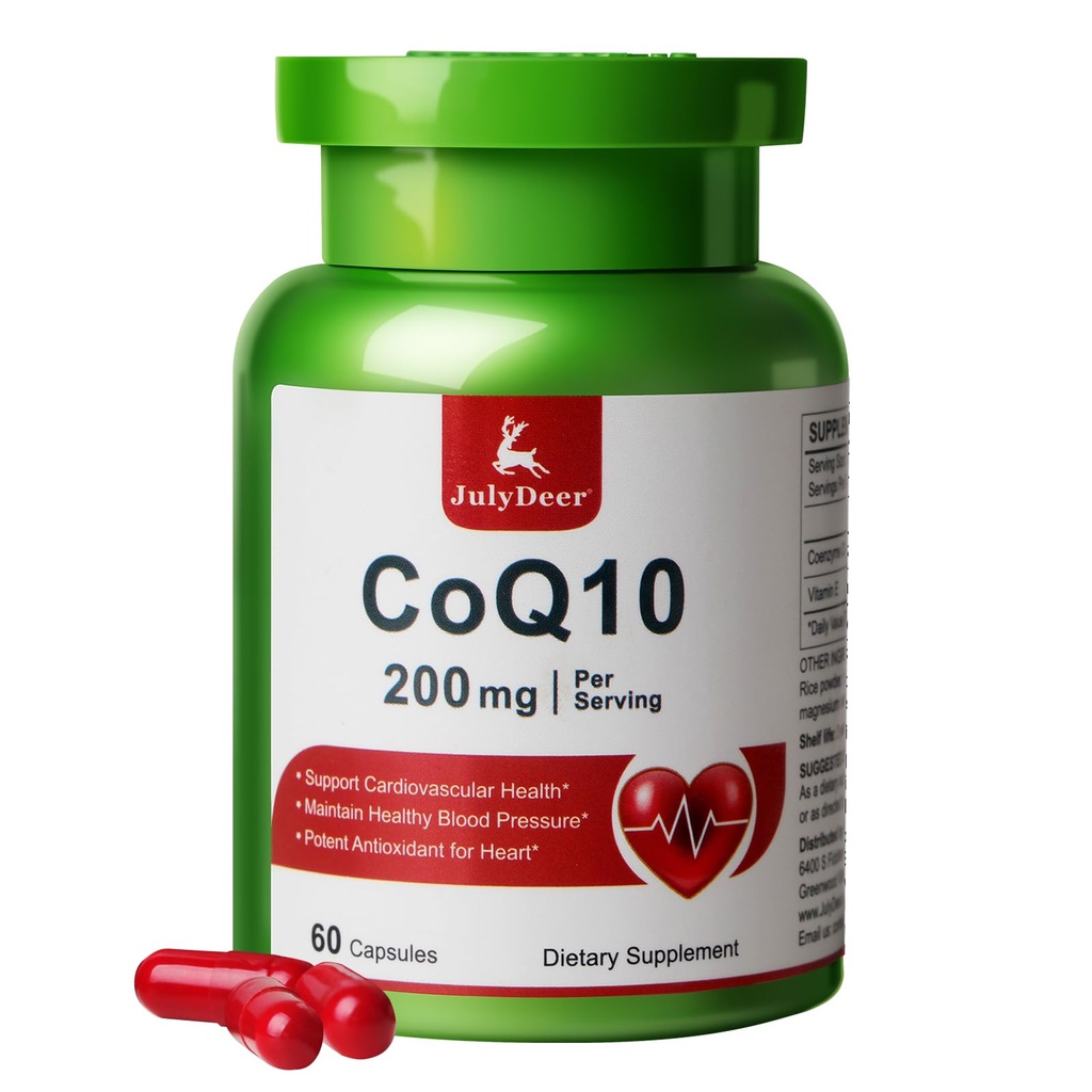 JulijDeer CoQ10 200mg z vitaminom E 20mg, visoka absorpcija Antioksidant Koencim Q10 Podpora za srce, energija, splošno zdravje dodatek 60 kapsul
