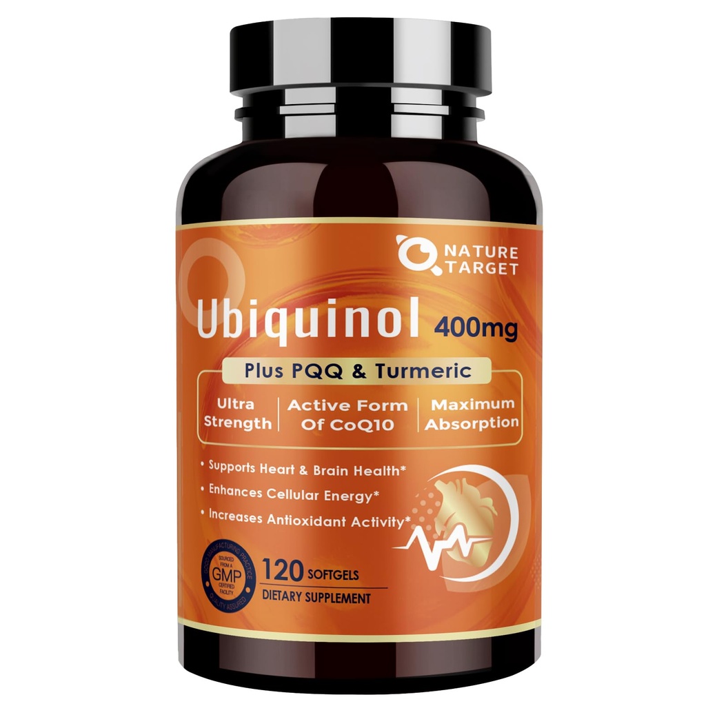 NATURE TARGET Ubikinol CoQ10 400 mg mehkegels s PQQ & Kurkurja, visoko Absorpcijski koencim Q10 dodatek z ALA & črni poper, Antioksidant za zdravje srca in možganov, proizvodnja energije, 120 Štetje