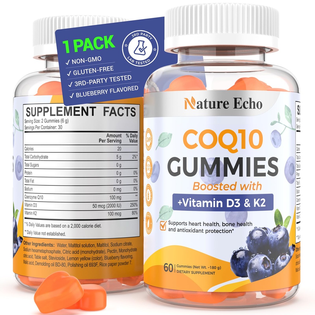 Nature Echo® CoQ10 Gumies 100mg, CoQ10 dodatek z vitaminom D3 & K2, koencim Q10 dodatek borovnice aroma, sladkor brez, zdravje srca, podpora kosti in antioksidant, Vegan, Non-GMO 60 Gumies